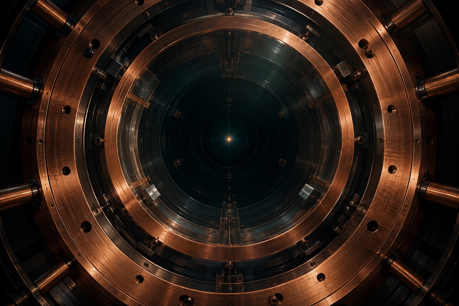 A tiny glint inside a copper-ringed detector chamber, a conceptual illustration of searching for faint signals.